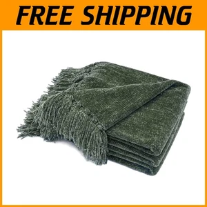 Super Soft Chenille Throw Blanket with Fringe Tassels - Dark Green 50'' x 60'' - Picture 1 of 8