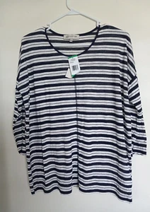 Jones New York Sport Women's White Navy Striped 3/4 Sleeve Top Size L NEW - Picture 1 of 3
