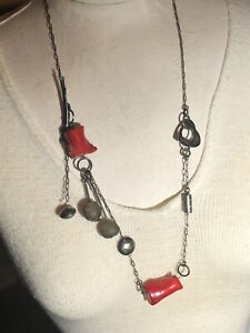 Nina Mann Sterling Silver, 24k Gold, Coral and Glass Toggle Necklace