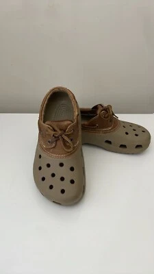 Crocs Islander Pit Crew Lace Up Boat Shoe Clogs Brown Leather Women’s 8 Men's 6 - Image 1 of 4