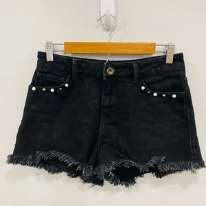 ZARA 2 Basic Z1975 Black Denim Cutoff Studded Jeweled Mini Jean Shorts Goth - Picture 1 of 16