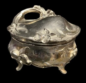 VINTAGE ANTIQUE EMPRESS SILVER PLATE JEWELRY BOX RED VELVET LINING CALLA LILY - Picture 1 of 9