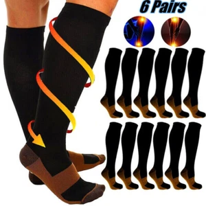(6 Pairs) Copper Compression Socks 20-30mmHg Graduated Support Mens Womens S-XXL - Picture 1 of 21