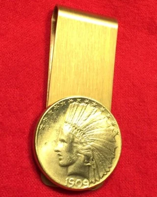 1909 Gold Brass U.S. Indian Head War Bonnet $10 Eagle Coin Money Clip + Gift Box - Image 1 of 3