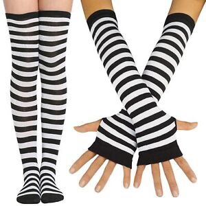 Women Striped Over Knee Thigh High Long Socks Arm Warmer Fingerless Gloves Set