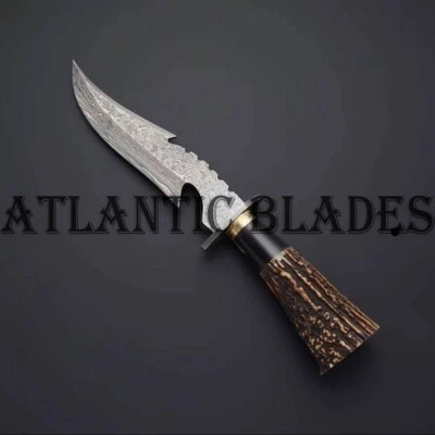 Cuchillo de caza Bowie hecho a mano personalizado acero Damasco con mango de latón y asta Foto 1 de 3