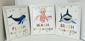 Kids playful Nautical Bathroom Art Set of 3 frames included 8x10 - Picture 1 of 2