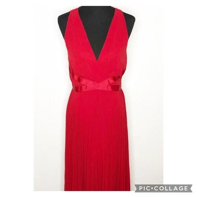 White House Black Market 连衣裙女式 8 全新放纵红色 v 领百褶中长 — 第 1/4 张图片