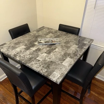 Marble Square 5-Piece Dining Table Set High Seating 4 Dining Chairs - Image 1 of 4