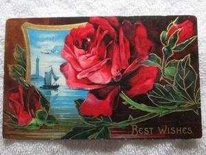 Antike Best Wishes Rosen, Segelboote Postkarte, 1909 - Bild 1 von 2