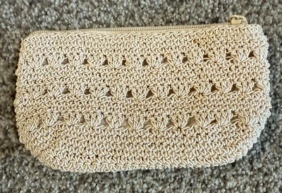 Hand Crocheted Coin Purse Wallet Small Knitted Tan Zipper Fabric Lined 7"x 4" - Image 1 of 4