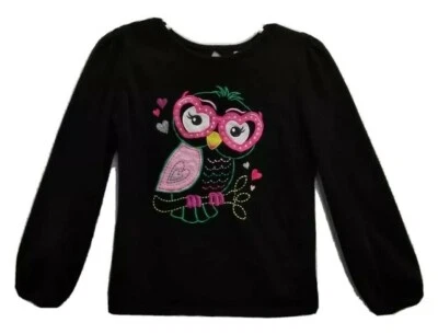 Garanimals Girls 5T T-Shirt EMBROIDERED OWL Long Sleeve Black 100% Cotton - Image 1 of 3