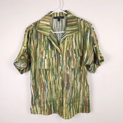 Lafayette 148 Shirt Women 4 Green Brown Linen Stripe Button Up 3/4 Sleeve Pocket - Image 1 of 4