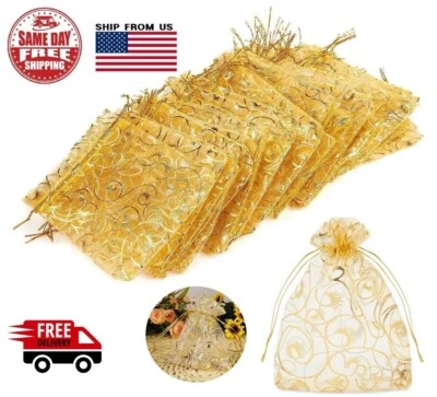 200 piezas bolsas de organza con cordón dorado de 4"x5" bolsas de regalo de dulces para joyas de boda Foto 1 de 4