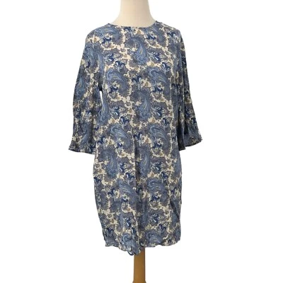 H & M женщин 3/4 стиль рукав пейсли печать платье синий/желтый кремовый богемное размер 4 - Изображение 1 из 4