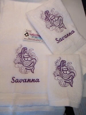 Mermaid Sketch Nautical Personalized 3 Piece Bath Towel Set Any Color Choice  - Image 1 of 4
