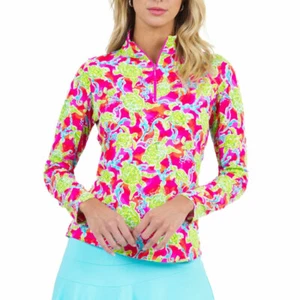 NWT Ladies IBKUL TURTLES AT SEA HOT PINK Long Sleeve Mock Golf Shirt S L XXL - Picture 1 of 1