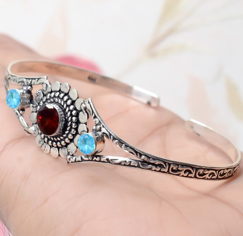 VALENTINO Bracciale Granato Taglio Grande e Pietra Preziosa Topazio Blu Argento Sterling 925 Regalo Bambina