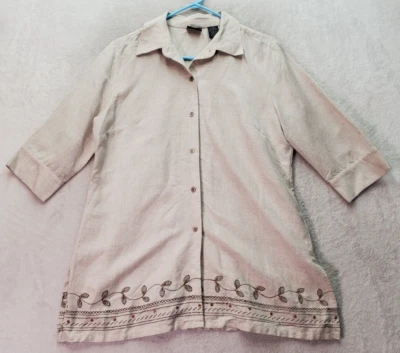 Laura Scott Shirt Women Size 14 Tan Linen Short Sleeve Slit Collared Button Down - Image 1 of 4