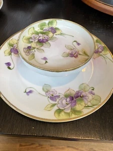 Vintage Nippon Serving Plate With Attached Bowl Hand Painted Purple Flowers - Picture 1 of 10
