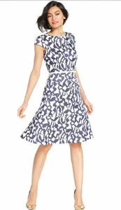 Anne Klein Womens Navy White Textured Tiered Cap Sleeve Fit & Flare Dress Sz 10 - Picture 1 of 9