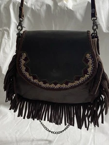 Cartera de cuero genuino marrón con cuentas flecos intercambiables bandolera cadena correas - Imagen 1 de 6
