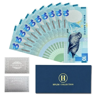 Billetes conmemorativos de lámina de plata con sello de $10 coleccionables del Ártico mundial 10 un. Foto 1 de 4