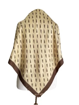 Bufanda de seda vintage Chateau d’Ax marrón beige estampado de logotipo cuadrado Italia #A68 Foto 1 de 4