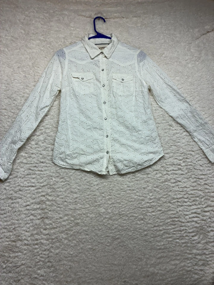 Arizona Jean Co Shirt Womens Medium White Eyelet Lace Western Snap Button Boho - Image 1 of 4