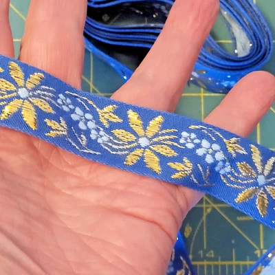 Metallic gold blue flower Jacquard woven ribbon trim 1" wide by 2.18 yards - Image 1 of 4