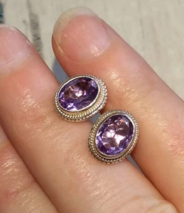 *Gorgeous Sterling Silver 8 x 6mm Real Amethyst Gemstone Stud Earrings  Purple - Picture 1 of 8