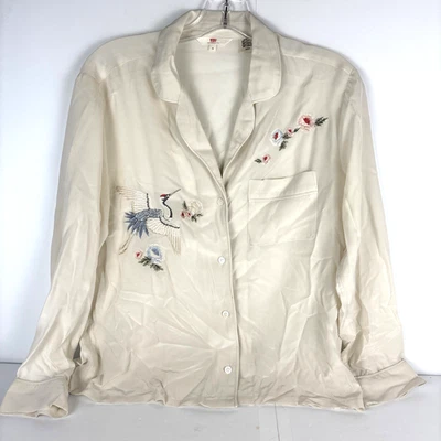 Camisa Levi’s Para Mujer 100% Seda Bordada Talla S Crema Grúa Floral Blusa Rara Foto 1 de 4