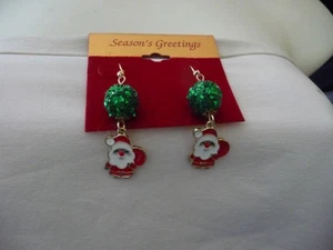 X MAS GREEN SPARKLE W DANGLE ENAMEL SANTA PIERCED EARRINGS #29/17 - Picture 1 of 4