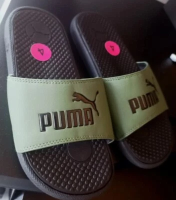 Puma Slides Sandals Black Green Boys Sz 4 Pool Shower Beach Travel House Slipper - Image 1 of 4