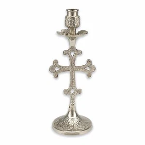 Verzierter Kreuz Kerzenständer - Silber christlicher Kerzenständer Abtropfschale Kirchenständer - Bild 1 von 5