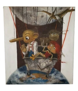 Vintage Oil Painting Pinocchio Cartoons Matias Perez Balloonist Comic Art Signed - Picture 1 of 15