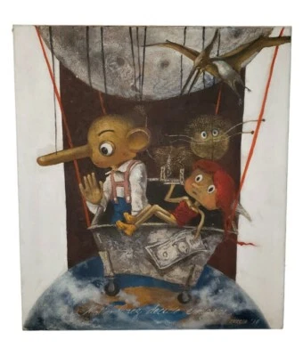 Pintura al óleo vintage de dibujos animados de Pinocho Matías Pérez arte cómico firmado Foto 1 de 4