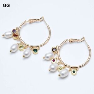 Natural White Rice Pearl CZ Crystal Gold Plated Circle Hoop Earrings For Women