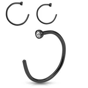 Pair of Black IP on 316L Surgical Steel Clear CZ Gem Top Nose Hoop Rings - Picture 1 of 1