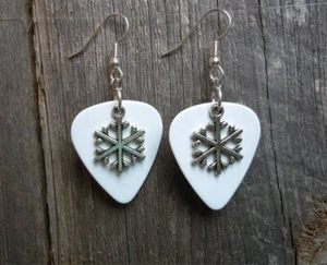 Snowflake Charm on White Guitar Pick Earrings - Picture 1 of 1