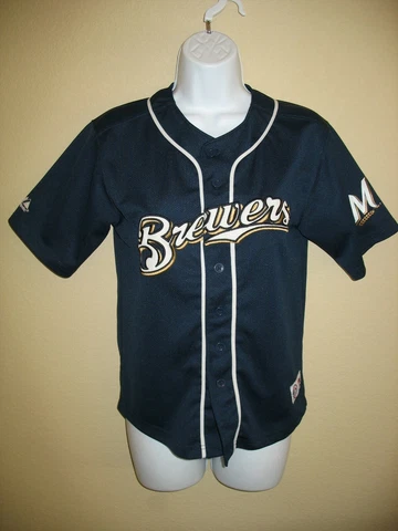 Majestic Milwaukee Brewers Jersey Sz 10/12 Girls Navy Blue # 8 Braun Button Down Cover