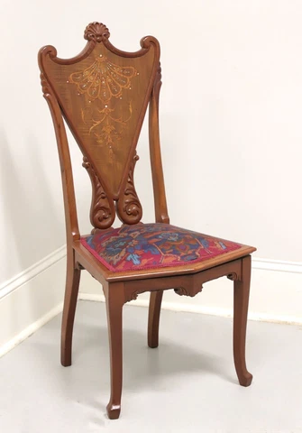 19th Century Carved Walnut Victorian Marquetry Chair with Mother of Pearl Inlay Cover