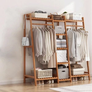 Colourtree Bamboo Clothing Rack Clothing Rack Heavy Duty Top Shelf Hanging Rod - Picture 1 of 21