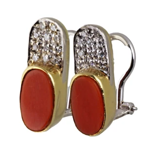18ct Gold Coral & Diamond Earrings, Pavé Single-Cut Diamonds, 1975, 0.33ct, 18K - Picture 1 of 10