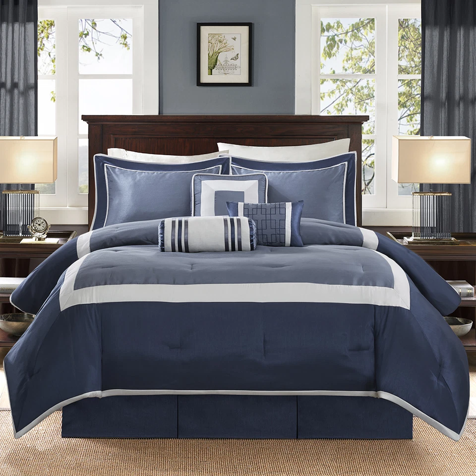 QUALITY BEAUTIFUL MODERN ELEGANT BLUE NAVY SILVER GREY WHITE COMFORTER SET & PILLOWS