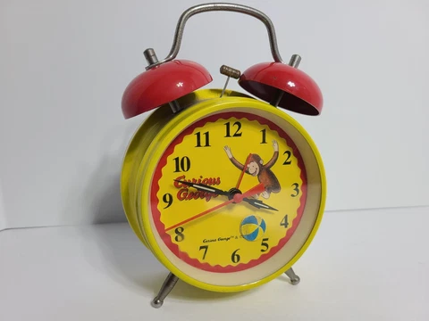 1998 Curious George Yellow Twin Red Bell  Alarm Clock, Schylling Cover