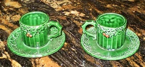 2 Vintage Inarco Xmas Holly Cup & Saucers Candleholders E-2648 - Picture 1 of 2