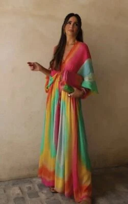 NUEVO CON ETIQUETAS ZARA Vestido Tie-Dye con Cuentas y Mangas Voluminosas Multicolor 7521/254 M-L Foto 1 de 4