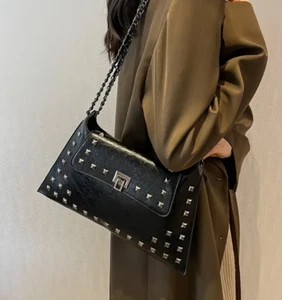 Black Leather Bag, Y2k Black Streetwear Rhinestone Rivet Shoulder/Crossbody Bag - Picture 1 of 4