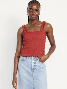 NEW Old Navy Red Crop Tank Top Square Neck Soft Ruffle Size Large Spring Summer - Picture 1 of 8